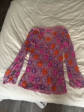 Show Me Your MuMu Crochet Floral V-Neck Coverup - Pink, Orange & Purple